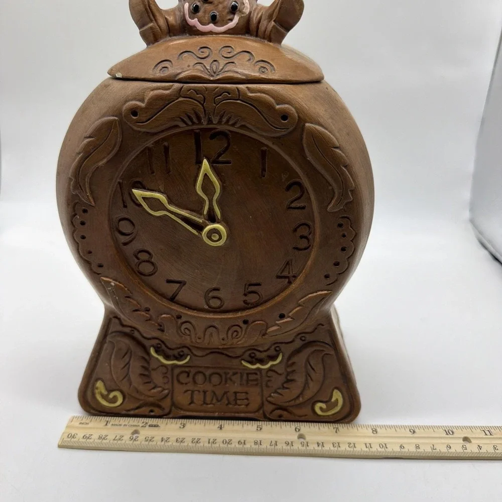 Vintage 1960 Brown Twin Winton Cookie Time Mouse Clock Ceramic Cookie Jar 14